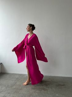 Robe With Kimono Sleeves Cotton Robe Women's Long Robe Bridal Robe Bridesmaids Robe Gift for Her Kimono Robe Boudoir Robe - Etsy Elegant Pink V-neck Kimono, Long Kimono For Bridesmaids, Fitted Wrap Robe, Pink Wrap Dress For Party, Pink Wrap Party Dress, Elegant Pink Bridesmaid Robe, Elegant Maxi Dress With Tie Waist And Kimono Sleeves, Elegant Pink V-neck Robe, Elegant Kimono With Tie Waist And Kimono Sleeves