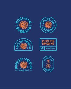 four different logos on a blue background with orange and blue colors, including the logo for porcelin brewing