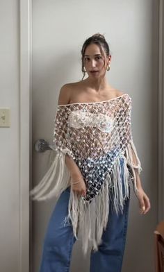 Shawl Outfits Summer, Summer Shawl Outfit, Ethereal Festival Outfit, High Fashion Crochet Runway, Crochet With Sequins, Crochet Shawl Outfit, Crochet Concert Outfit, Festival Crochet Outfit, Crochet Outfits Aesthetic