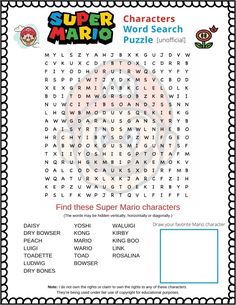 Super Mario word search puzzle. It is a printable PDF featuring 18 characters from the Super Mario video games.  Can you find all the characters?? Mario Learning Activities, Mario Math Worksheets, Super Mario Word Search, Video Game Printables Free, Mario Maze Printable, Mario School Activities, Super Mario Activities Free Printable, Mario Stem Activities, Video Game Word Search