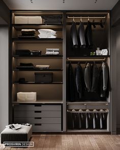 a walk in closet filled with lots of drawers and clothes on top of shelves next to a chest of drawers