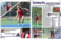 an article in the tennis magazine features images of women playing tennis and other sports related items