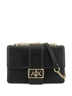 black coated finish foldover top with magnetic fastening gold-tone logo plaque detachable chain-link shoulder strap main compartment internal zip-fastening pocket Exchange Logo, Cross Body Bag Black, Cross Bag, Iconic Bags, Demi Fine Jewelry, Summer Beach Wear, Fine Earrings, Ballet Flat Shoes, Black Cross Body Bag