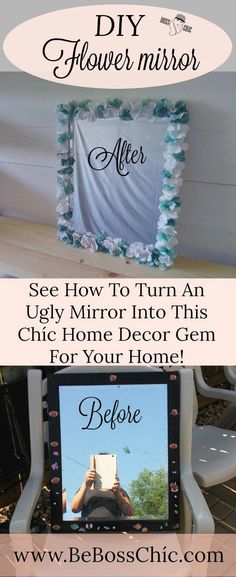 an advertisement with the words diy flower mirror after and after it's been placed on