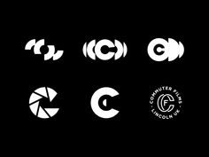 four different logos that appear to be made out of black and white paper, including the letter c