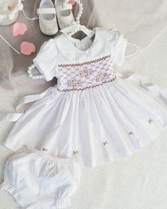 White Embroidered Princess Dress, White Princess Embroidered Dress, White Princess Style Embroidered Dress, Embroidered Fitted Dress For Baptism, Fitted Embroidered Dress For Baptism, Fitted Smocked Dress With Floral Embroidery And Short Sleeves, Summer Floral Embroidered Playtime Dress, Floral Embroidered Summer Dress For Playtime, Summer Floral Embroidery Dresses For Playtime