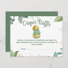 a diaper raffle card with an image of a baby turtle on it's back