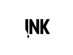 the ink logo is black and white, with an inverted letter in the bottom right corner