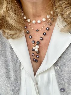 Necklaces. Layering necklaces. Neckstack. Pearl necklace. Black pearls. Peacock pearl. Teardrop Akoya Pearl Necklace With Pearl Chain, Akoya Pearl Teardrop Necklace With Pearl Chain, Akoya Pearl Teardrop Necklace, Teardrop Akoya Pearl Chain Necklaces, Akoya Pearl Teardrop Necklaces With Pearl Chain, Teardrop Akoya Pearl Necklaces With Pearl Chain, Akoya Pearl Drop Necklaces With Round Beads, Pearl Jewelry With Briolette Shaped Pearl Chain, Akoya Pearl Drop Necklace With Round Beads