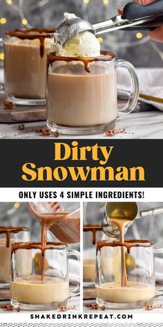 the instructions for how to make dirty snowman hot chocolate in mugs with whipped cream and caramel drizzle