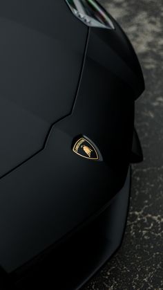 the front end of a black sports car with gold emblem on it's side