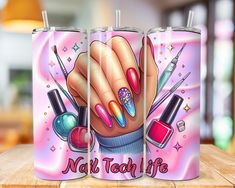 three cans with nail polish and manicures on them