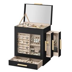 SONGMICS Jewelry Box with Glass Window, 5-Layer Jewelry Organizer with 3 Side Drawers, Jewelry Storage, with Big Mirror, Christmas Gift, 5.1 x 7.9 x 9.7 Inches, Ink Black and Metallic Gold Side Drawers, Big Mirror, Layered Jewelry, Jewelry Storage, Jewelry Organizer, Best Wear, Comfortable Dress, Jewelry Organization, Glass Window