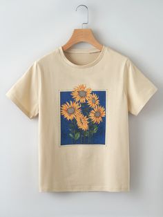 Beige Casual  Short Sleeve Polyester Colorblock,Floral  Embellished Slight Stretch Summer Plus Size Tops Cute Tops For Women Shein, Hippie Inspired Shirts, Art T-shirts & Tank Tops, Womens Retro Tshirt, Gender Neutral Shirts Adults, Sunflower Embroidery Shirts, Sun And Moon Pattern Shirt, Short Sleeve Print Shirt Women, Boho Screen Print Shirt