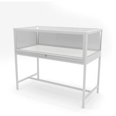 a white desk with a glass top and metal frame on the bottom, against a white background