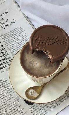 there is a chocolate dessert on top of a saucer with spoons next to an open book