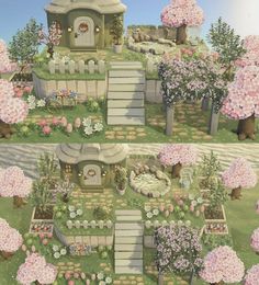 a painting of a garden with flowers and trees in the background, there are steps leading up to a small house