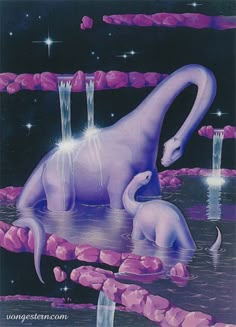 an animal that is in the water with some pink rocks and stars on it's back