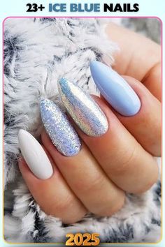 Glittery ice blue nails with a bold shimmer, perfect for festive vibes. This dramatic design combines icy tones with dazzling textures for maximum impact.