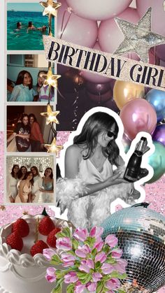 birthday girl collage with balloons, cake and party decorations in pinks and whites