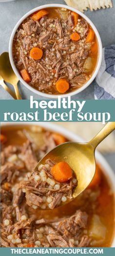 two pictures showing different types of beef soup