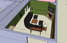 a drawing of a living room with couches, tables and a fireplace in it