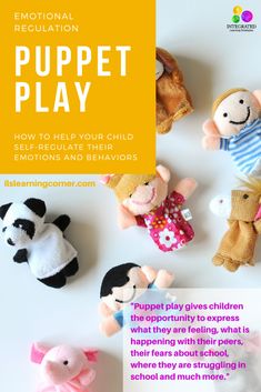 an advertisement for puppet play with stuffed animals and text that reads, how to help your child learn emotions and behavior