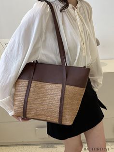 BagForLove - Chic Woven Straw Bag: Ideal Womens Vacation Accessory Casual Brown Canvas Shopping Bag, Trendy Brown Bucket Canvas Bag, Casual Brown Square Bucket Bag, Color Blocking Design, Check Background, Inch Bag, Vacation Accessories, Details Pictures, Bags Tote