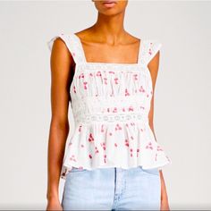 Free People White Peplum Top With Red Embroidery Size Xs New With Tag Feminine Embroidered White Tops, Fitted Feminine Top With Floral Embroidery, Feminine Red Tops For Spring, Feminine Red Cotton Tops, Red Cotton Feminine Tops, Feminine Fitted Embroidered Tops, Red Feminine Summer Tops, Red Sleeveless Feminine Top, Feminine Red Cotton Blouse