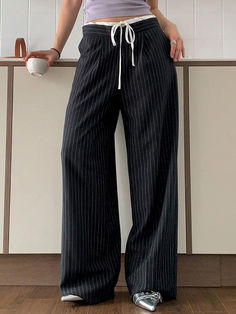 Patchwork Stripe Contrast Color Wide Leg Pants - AnotherChill Retro Grunge Aesthetic, Color Wide Leg Pants, Grunge Summer Outfits, 90s Y2k Fashion, Backless Bodycon Dresses, Black Weave, Striped Wide Leg Pants, Baby Tees Y2k, Y2k Baby Tee