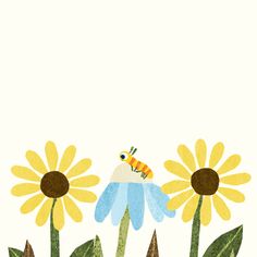 a drawing of a bee on top of a blue flower with yellow flowers in the background