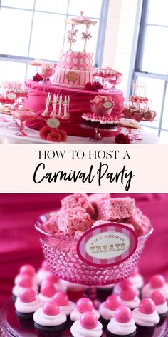 pink and white dessert table with cupcakes on it