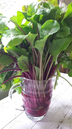 a glass vase filled with lots of green and purple plants on top of a wooden table