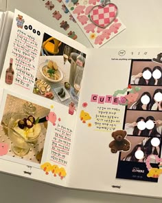 an open book with pictures and stickers on the pages that are filled with food