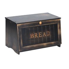 a wooden bread box with the word bread written on it's front and sides