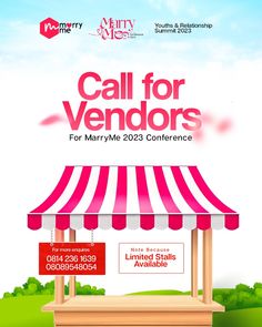 an advertisement for the event called call for vendors, which is set up in front of a