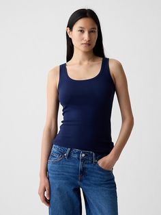 Saw this on Gap: Diy Walk In Closet, Modern Tank, Apocalypse Character, Jeans Tank Top, Woman Vest, Running Tank Tops, Ribbed Tank Top, Gap Fit, Blue Tank Top