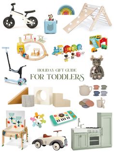 the holiday gift guide for toddlers includes toys, books, and gifts to give them