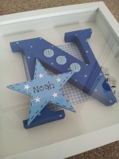 a blue and white wooden letter shaped like a star