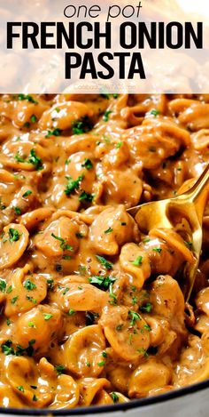 a skillet filled with french onion pasta and topped with parsley in a creamy gravy