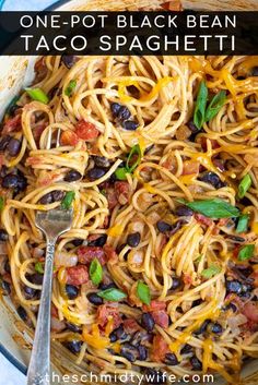 one pot black bean taco spaghetti in a skillet