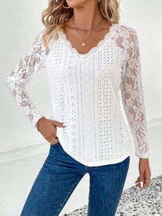 Women's 2024 Lace Shirt V-Neck Lace Long Sleeve Hollow Out White Shirt Tee Stretch Long Sleeve Lace Top, White V-neck Long Sleeve Top For Fall, Stretch Lace Long Sleeve Top, Stretch V-neck Shirt For Spring, White Stretch V-neck Shirt, Non-stretch White Tops For Fall, Casual Long Sleeve Lace Top Blouse, Casual White Stretch V-neck Top, Stretch Casual Long Sleeve Lace Top