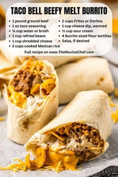 taco bell beef melt burrito is cut in half and ready to be eaten