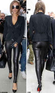 two pictures of the same woman in black leather pants and jacket, one is wearing red heels