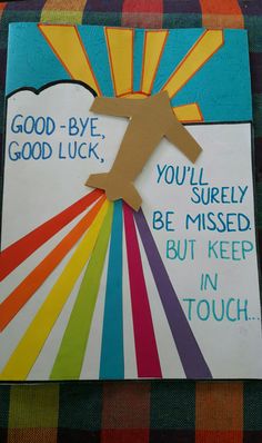 a card that has been made to look like an airplane with the words good bye, you'll surely be missed but keep in touch