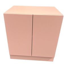 a pink cabinet with two doors on the front