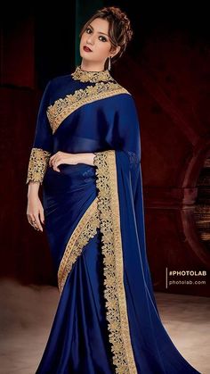 Royal Blue Saree, Blue Sari, Orang India, Modern Saree, Saree Designs Party Wear, Satin Saree, Blue Saree, Elegant Saree, Stylish Sarees