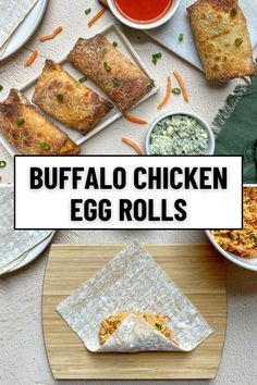 the buffalo chicken egg rolls are ready to be eaten with dipping sauces and condiments