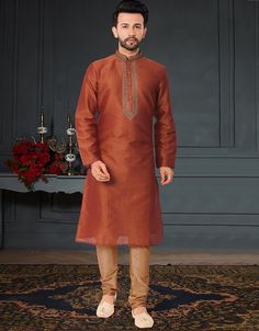 Orange Kurta Jacquard Chudidar Mens Kurta Designs Latest, Men's Kurta, Men Kurta, Mens Kurta Designs, Kurta Pyjama, Kurta Pajama, Rust Orange