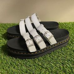 Dr. Martens Blaire Slides Buckle Platform Sandals White Black Womens Size 8 New White Slides With Buckle Closure For Spring, White Flat Slides With Buckle Closure, Adjustable White Slides With Leather Footbed, White Slides With Buckle Closure, White Slip-on Slides With Buckle Closure, White Slides With Leather Footbed, Adjustable White Leather Slides, Dr Martens Voss Sandals, Clarissa Sandals